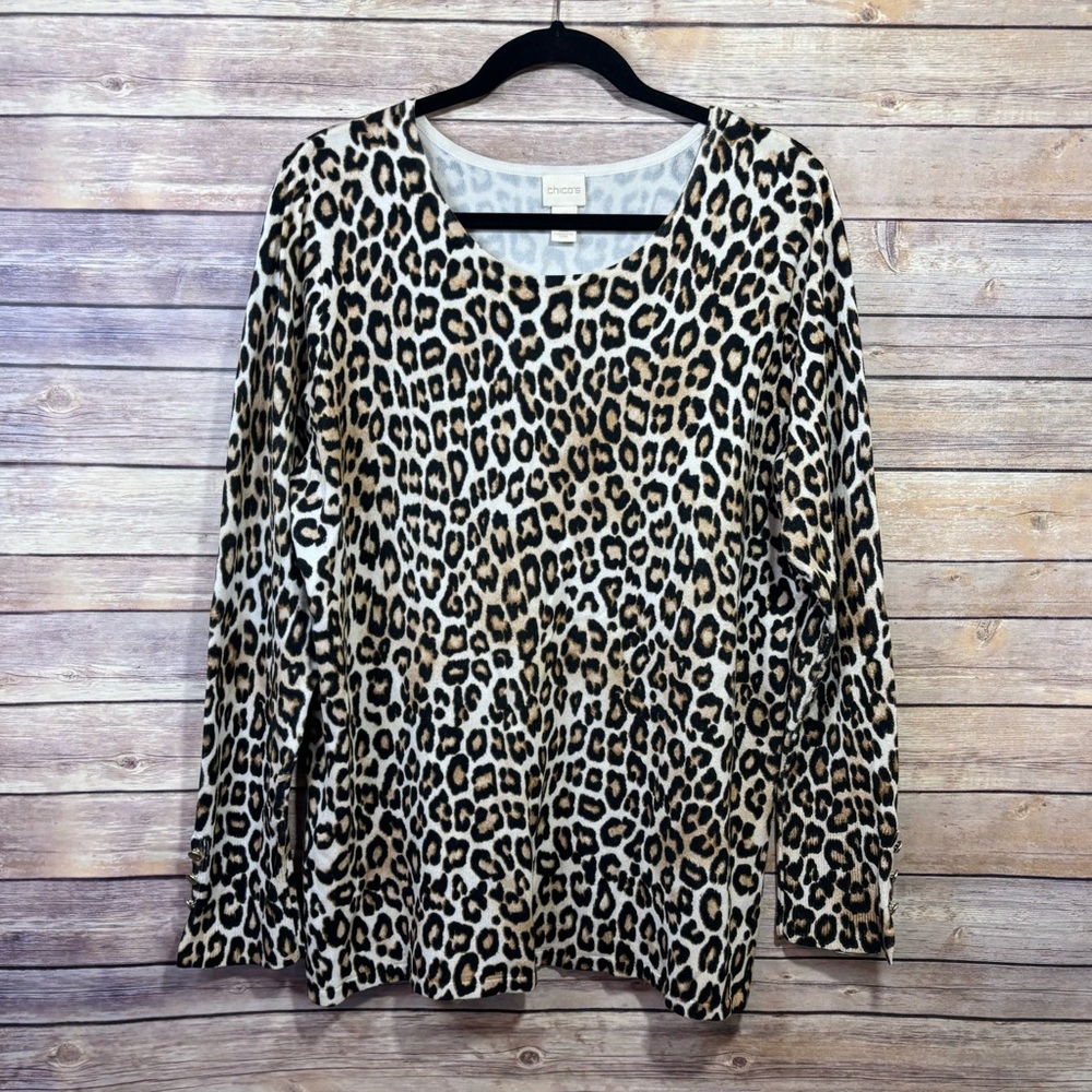 Chico’s leopard print scoop neck sweater Brown White Size XL(3)